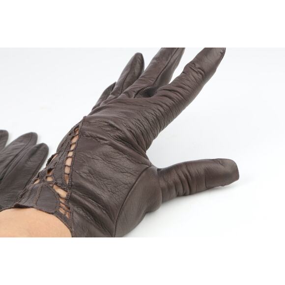 Brown Leather Gloves Crochet Detail Size 7.5 - Picture 2 of 8